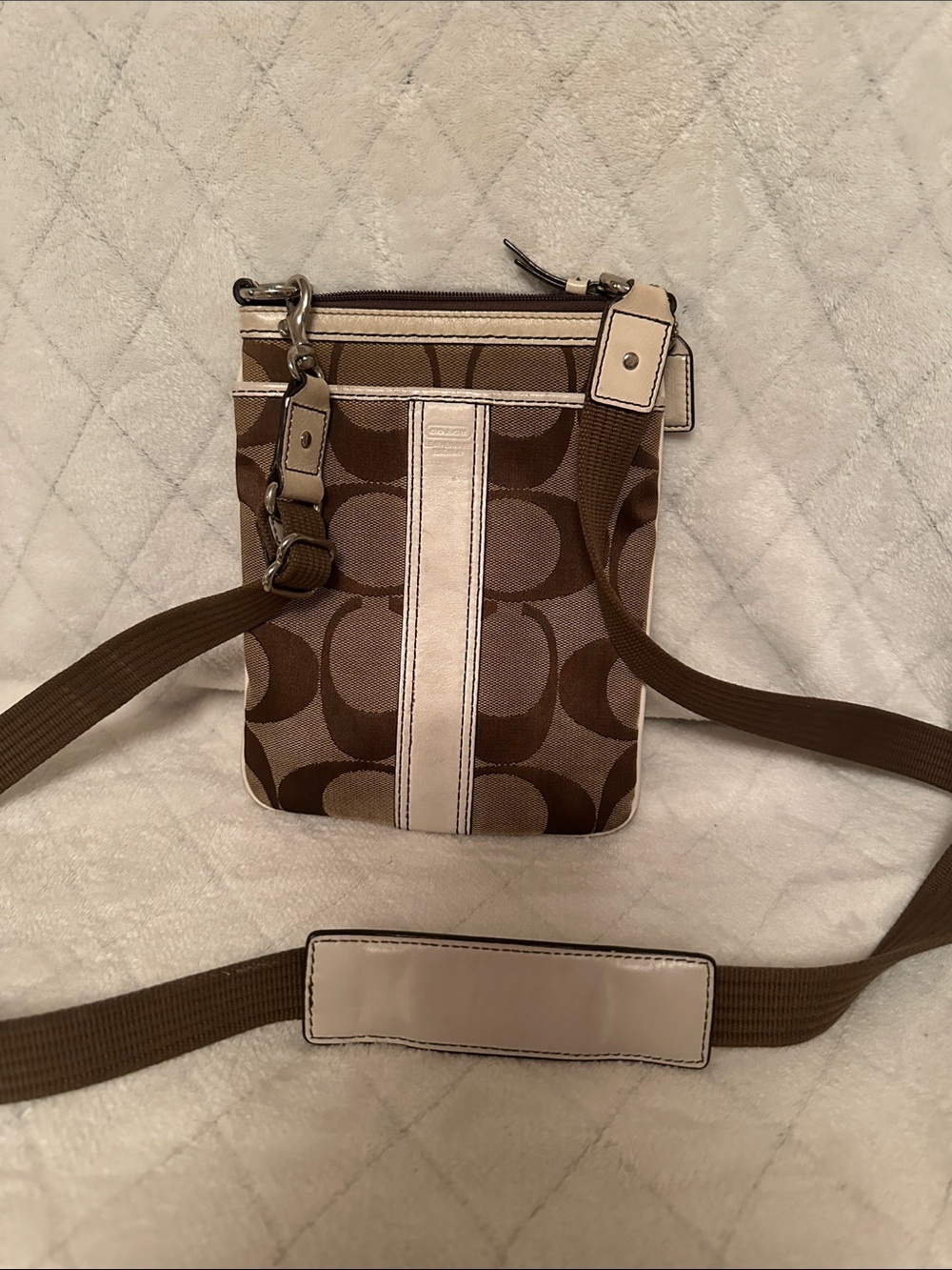 Coach Brown Signature Crossbody with Cream Center Leather Stripe
